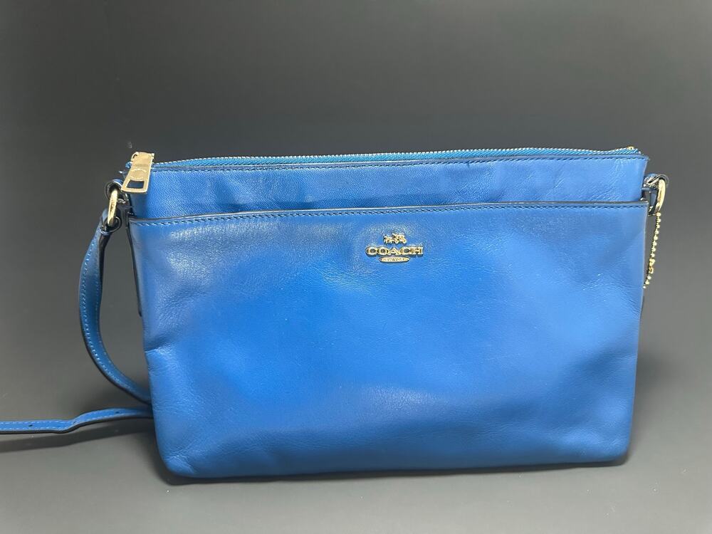 Coach 52638 Blue Leather Double Zip Crossbody Bag Gold Hardware